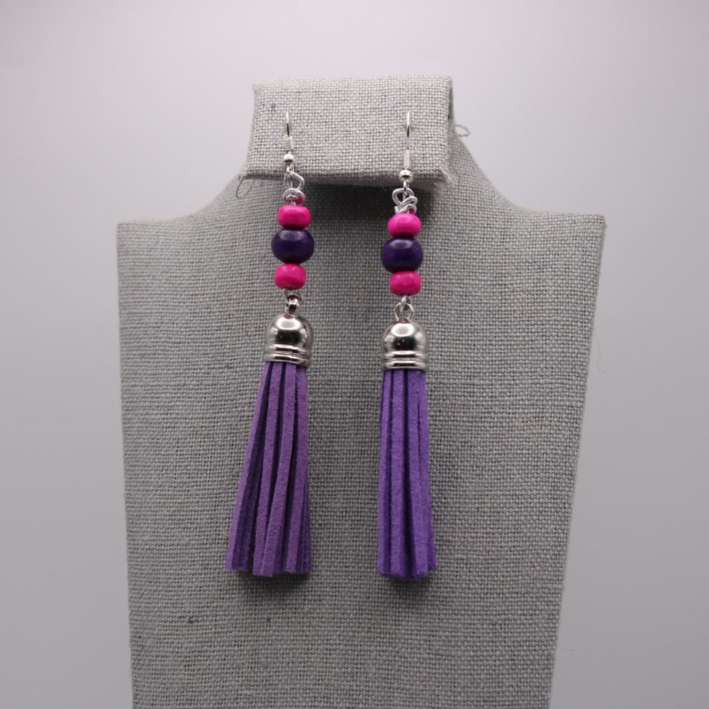 Purple Pink and Sliver Beaded Tassel Earrings